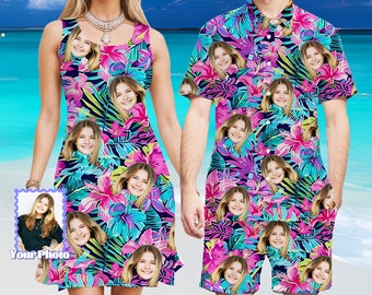 Kundenspezifisches Hawaii-Kleid für Mann Frau, personalisiertes Hawaii-Hemd, kundenspezifische Hawaii-Strandshorts mit Gesicht, kundenspezifisches Geschenk für Paar-Familie