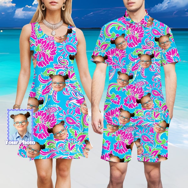 Personalized Photo Hawaii Dress, Custom Dog Cat Face Holiday Tropical Pattern Shirt for Men Women, Beach Shorts Birthday Bachelor Party Gift