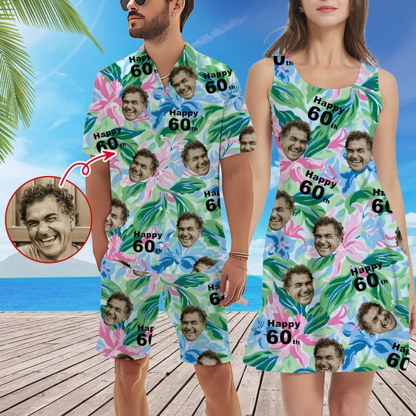 Custom Hawaiian Dress for Man Woman, Personalized Hawaiian Button Shirt, Custom Hawaii Beach Shorts with Face, Custom Gift for Couple Family