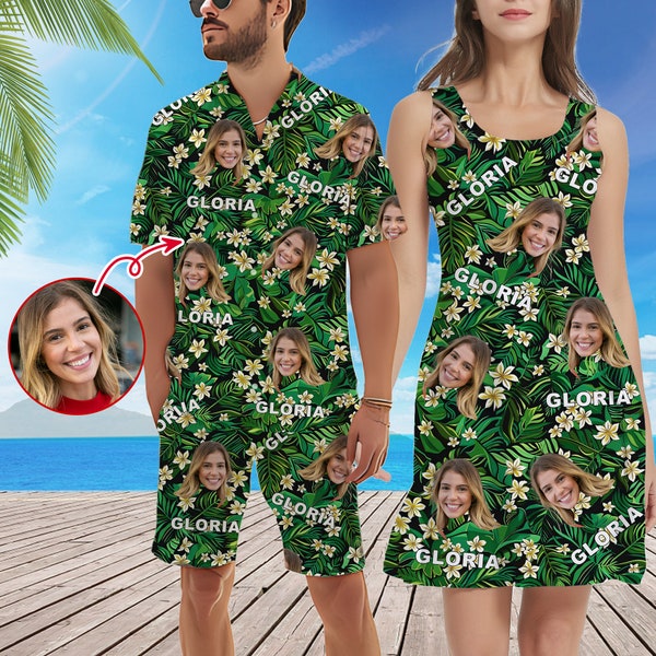 Personalized Vacation Style Hawaiian Shirt and Dress for Couple, Custom Face Summer Shirt, Funny Beach Party Shirts for Men Women, Best Gift