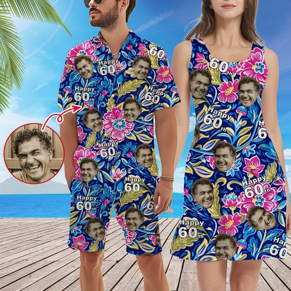 Personalized Vacation Style Hawaiian Shirt and Dress for Couple, Custom Face Summer Shirt, Funny Beach Party Shirts for Men Women, Best Gift