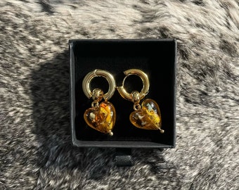 Amber Heart Drop Earrings, Gold and Yellow Brown Colour Earrings, Gift For Her