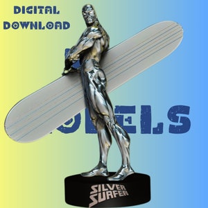 May include: A silver-coloured statue of the Silver Surfer holding a surfboard. The statue is on a black base with the words "Silver Surfer" written on it.