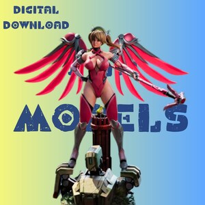 May include: A digital download image featuring a figurine of a female character in a red and white outfit with large red wings. The figurine is standing on top of a robot. The words "DIGITAL DOWNLOAD" and "MODELS" are written on the image.