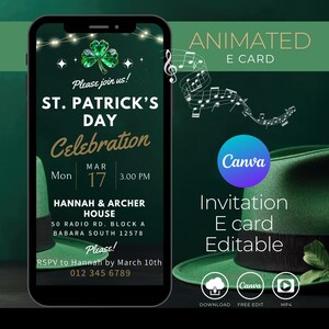 Bearbeitbare St. Patrick&#39;s Day Einladung E-Card | Animierte Digitale Einladung | Canva Vorlage | Sofort Download