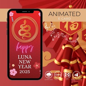 Carte virtuelle animée personnalisée pour le Nouvel an chinois 2025 - voeux de fin d'année, carte numérique personnalisée, design respectueux de l'environnement, année du serpent
