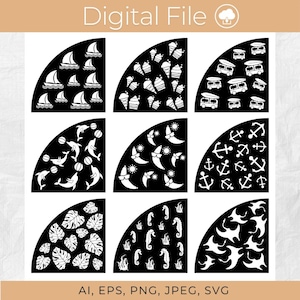 May include: Set of nine black and white corner designs featuring various summer themes, including sailboats, ice cream cones, anchors, seashells, palm leaves, and seahorses.  The designs are perfect for crafting projects, scrapbooking, and more.