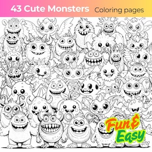 43 Cute Monsters Coloring Book - Fun and Easy Monster Coloring Pages for Kids & Adults | Digital Download PDF | 8.5x8.5 inch, A4