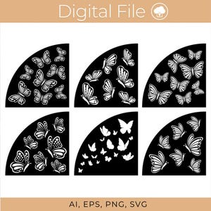 May include: Six black and white quarter circle designs featuring a pattern of white butterflies on a black background.  The designs are perfect for crafting projects like scrapbooking, card making, and more.