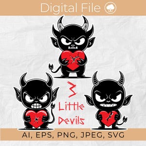3 Little Devils Digital Download, Cute Devil Clipart na koszulki, torby, kubki i inne, plik wektorowy AI, SVG, EPS
