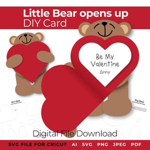 Tarjeta de San Valentín DIY Cricut SVG - Abrazo de oso con corazón, osito DIY que se abre