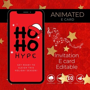 Bewerkbare geanimeerde e-kaartsjabloon voor kerstuitnodiging / Gepersonaliseerde vakantiegroeten met feestelijke charme, aangepaste e-kaart uitnodiging