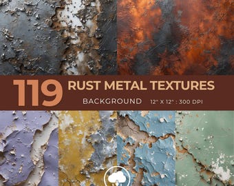 Puede incluir: Un conjunto de 119 texturas digitales de metal oxidado para usar como fondos. Las texturas son de 30,5 cm por 30,5 cm y 300 DPI. Las texturas presentan una variedad de patrones y colores de óxido, incluyendo rojo, naranja, marrón y gris.