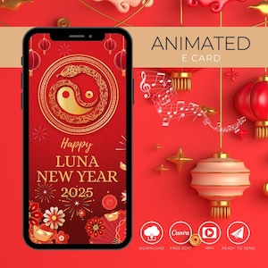 E-card animata personalizzata per il capodanno cinese 2025 – Saluto festivo per le vacanze, biglietto digitale personalizzato, design ecologico, anno del serpente
