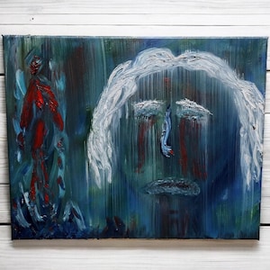 May include: Abstract oil painting on canvas featuring a blue and white portrait of a person with red streaks of paint. The background is a dark blue and green color.