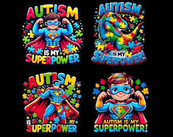 Pode incluir: Quatro ilustrações coloridas de super-heróis com o texto "O autismo é o meu superpoder!" Os super-heróis são um menino, um dinossauro, um menino e um menino. As ilustrações são cercadas por peças de quebra-cabeça.