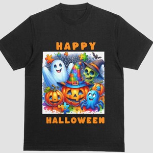 May include: Black t-shirt with a colorful Halloween graphic. The design features a pumpkin wearing a witch hat, a ghost, a skull, and a blue octopus, all surrounded by puzzle pieces and the words "HAPPY HALLOWEEN".