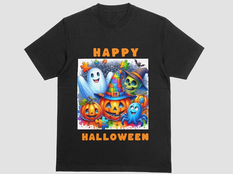 May include: Black t-shirt with a colorful Halloween graphic. The design features a pumpkin wearing a witch hat, a ghost, a skull, and a blue octopus, all surrounded by puzzle pieces and the words "HAPPY HALLOWEEN".