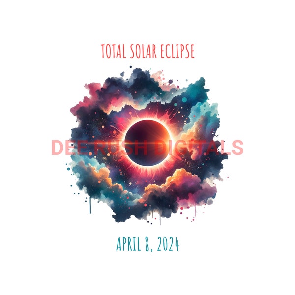 Solar eclipse solstice 2024 watercolor digital download - Total solar eclipse 2024 - Celestial png printable art