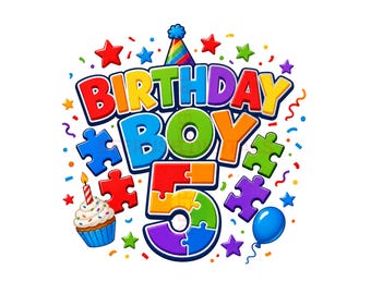 Autism Boy 5th Birthday Png, Birthday Boy Sublimation Design, Autism Awareness Digital Download, Puzzle Piece Shirt Design