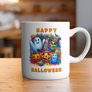 May include: White ceramic mug with a colorful Halloween design. The design features a ghost, a jack-o'-lantern, a skull, and an octopus, with the words "HAPPY HALLOWEEN" in orange. The mug has a curved handle.