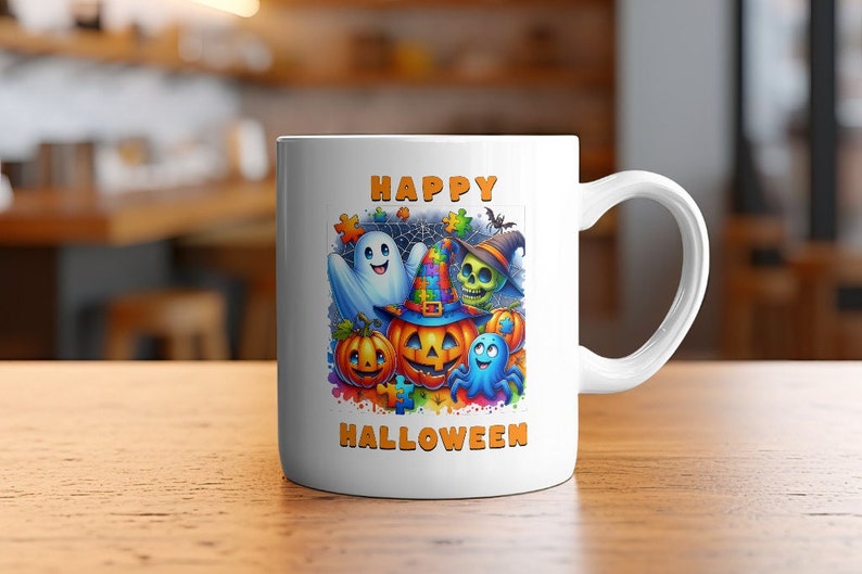 May include: White ceramic mug with a colorful Halloween design. The design features a ghost, a jack-o'-lantern, a skull, and an octopus, with the words "HAPPY HALLOWEEN" in orange. The mug has a curved handle.