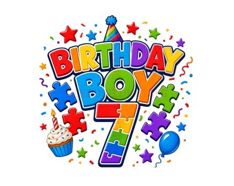 Autism Boy 7th Birthday Png, Birthday Boy Sublimation Design, Autism Awareness Digital Download, Puzzle Piece Shirt Design