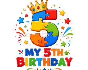 Autism 5th Birthday Png, 5th Birthday Boy Design, Autism Birthday Shirt, Autism Awareness Png, Kids Birthday Digital Download, Puzzle 5