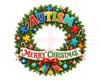 Autism Awareness Christmas Wreath With Bow Png, Wreath Sign Holiday Digital Design, Colorful Puzzle Wreath, Autism Christmas Sublimation