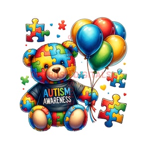 May include: A colorful teddy bear with a puzzle piece pattern holds a bunch of balloons. The bear is wearing a black t-shirt with the words "Autism Awareness" printed on it. The image is surrounded by puzzle pieces.
