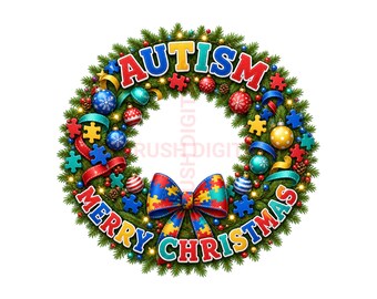 Autism Christmas Wreath Bow Png, Autism Awareness Christmas Design, Colorful Puzzle Wreath Sublimation, Neurodiversity Christmas Png