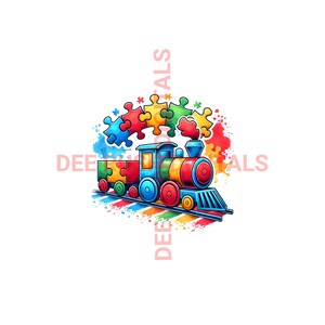May include: A colorful toy train with puzzle pieces forming a rainbow arch above it. The train is on a track with a watercolor background.