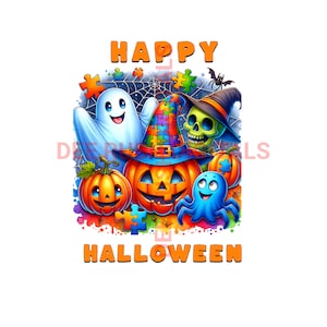 Autism-themed Halloween png featuring a pumpkin with a puzzle pattern witch hat, surrounded by a skeleton, ghost, spider, a bat, and puzzle pieces. Perfect for kids' t-shirt sublimation or trick-or-treat designs.