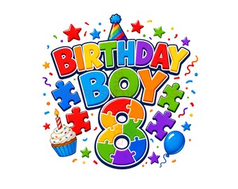 Autism Boy 8th Birthday Png, Birthday Boy Sublimation Design, Autism Awareness Digital Download, Puzzle Piece Shirt Design