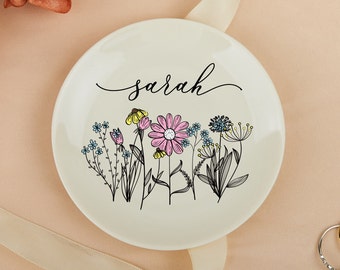 Personalized Jewelry Dish, Perfect Bridesmaid Gifts, Bestie Gift, Best Friend Gift, Custom Birthday Gifts for Her, Wildflower Ring Dish