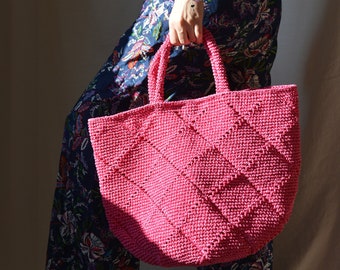 Crochet Raffia Tote Bag for Summer, Pink Lightweight Beach Shoulder Bag, Straw Shoulder Bag, Handcrafted Stylish Tote Bag, Handmade Gifts