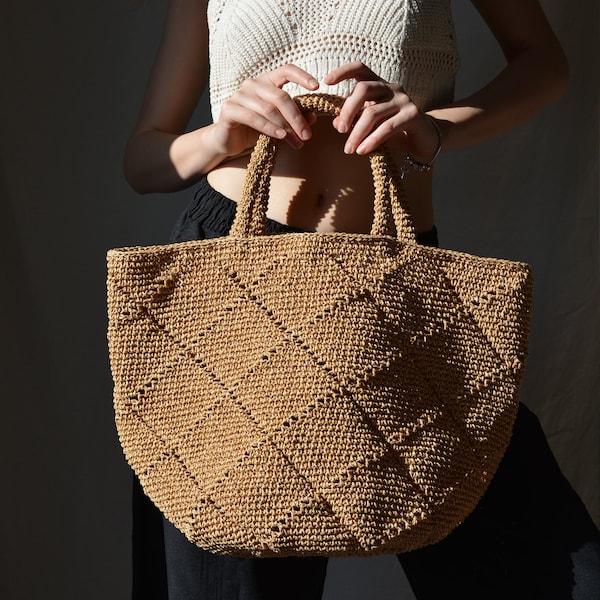 Crochet Raffia Tote Bag for Summer, Natural Lightweight Beach Shoulder Bag, Straw Shoulder Bag, Handcrafted Stylish Tote Bag, Handmade Gifts