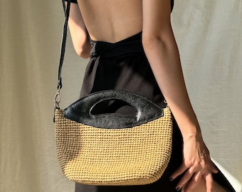 Crochet Raffia Crossbody Bag: Straw Purse with Leather Strap, Woven Bohemian Handbag, Evening Wicker Bag - Handmade Luxury Gift for Her