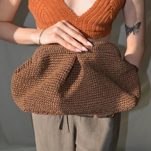 Raffia Pouch Clutch, Crochet Straw Bag, Large Summer Handbag, Woven Bridesmaid Purse, Wicker Bridal Clutch Bag, Natural Handmade Knitted Bag