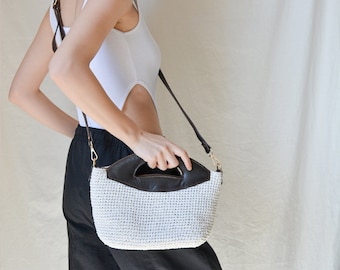 Crochet Raffia Crossbody Bag: Straw Purse with Leather Strap, Woven Bohemian Handbag, Handcrafted Wicker Bag - Handmade Luxury Gift for Her