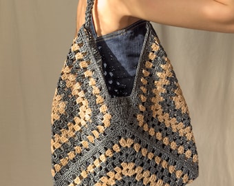 Crochet Raffia Tote Bag, Handcrafted Granny Square Bag, Summer Mesh Straw Bag, Boho Beach & Everyday Use, Handmade Gift for Vegans