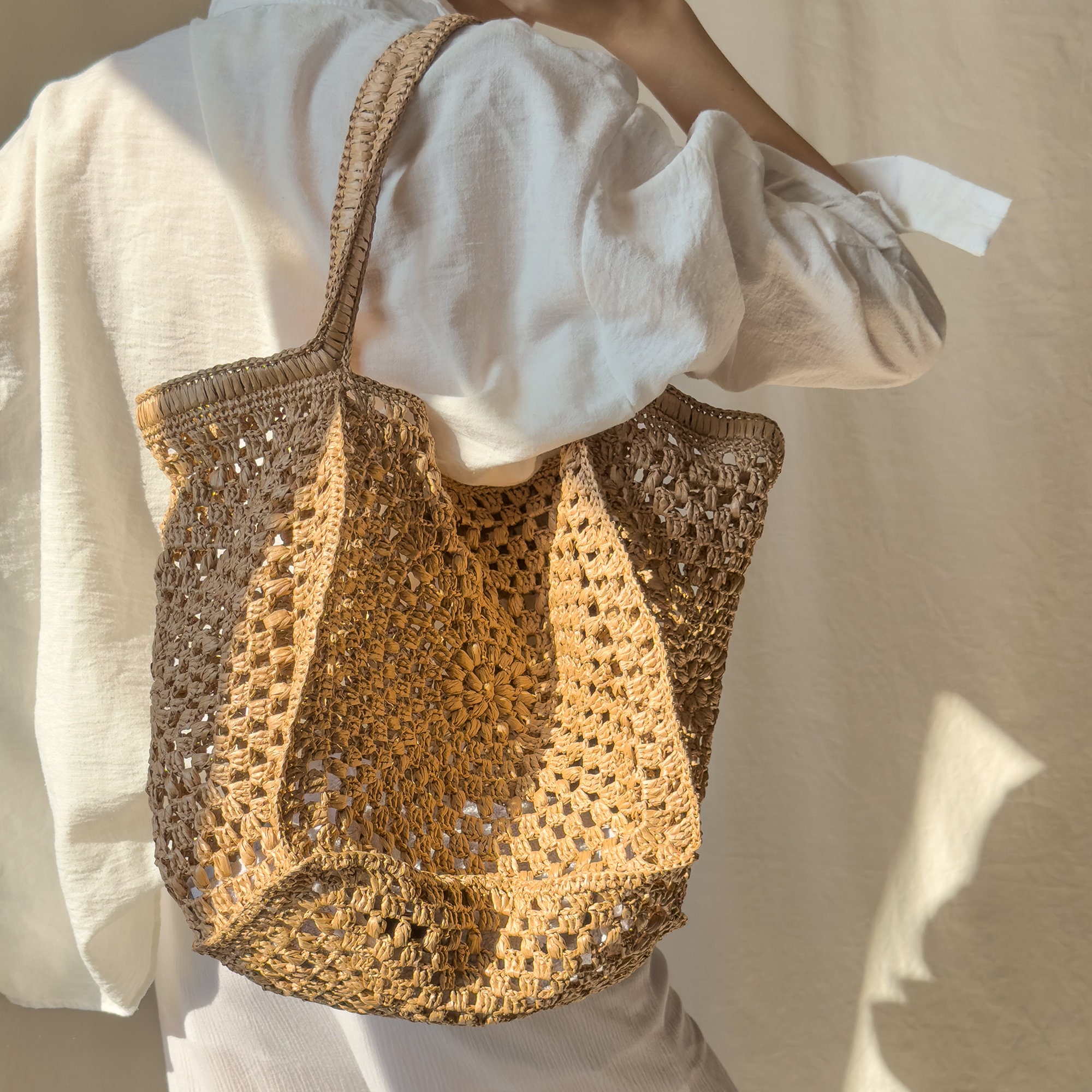 Granny Square Crochet Tote, Raffia Beach & Pool Bag, Handmade