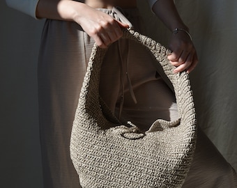 Crochet Raffia Hobo Bag, Gray Straw Shoulder Bag, Bohemian Minimalist Raffia Tote for Travel & Summer Beach, Handmade Gifts for Her