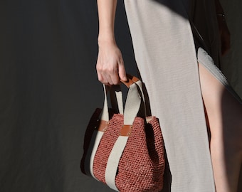 Crochet Raffia Handbag, Woven Bohemian Crossbody Bag, Wicker Burgundy Purse with Leather Details, Knitted Summer Straw Bag, Handmade Gifts