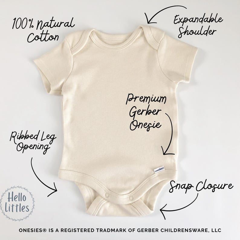 May include: Cream-colored baby onesie made of 100% natural cotton. Features include an expandable shoulder, ribbed leg opening, and snap closure. The text "Premium Gerber Onesie" is visible. The brand name "Hello Littles" is also visible.