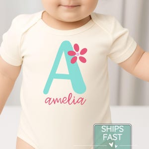 Personalized Retro Initial Onesie®, Custom Letter Name Baby Girl Name Floral Bodysuit, Monogram Onesie for Girl