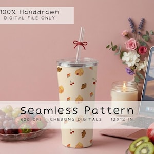 May include: A beige tumbler with a seamless pattern of small houses, kites, cherries, and brown boots. The tumbler has a clear lid and a clear straw with a red bow. Text on the image reads 100% Handdrawn, Digital File Only, Seamless Pattern, 300 DPI, Chebong Digitals, 12x12 in.