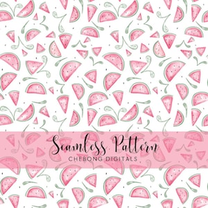 May include: Seamless pattern featuring watercolor illustrations of watermelon slices in various sizes and orientations. The design includes green accents and the text "Seamless Pattern" and "Chebong Digitals" on a pink banner, all set against a white background.