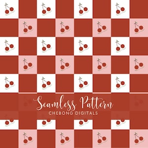 May include: A seamless pattern featuring a checkerboard design with alternating squares of red, pink, and white. Each white and pink square contains a pair of red cherries with the text "Happy Cherry". The words "Seamless Pattern" and "CHEBONG DIGITALS" are also present.