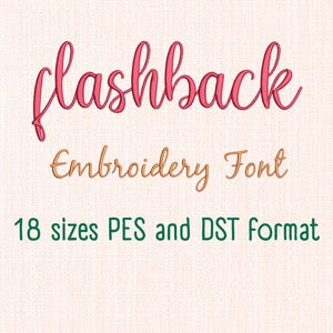 Puede incluir: Diseño gráfico digital con la palabra "flashback" en cursiva rosa, sobre "Embroidery Font" en cursiva dorada. El texto "18 sizes PES and DST format" se muestra en verde debajo.